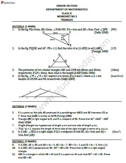 CBSE Class 10 Mathematics Triangles Worksheet Set B